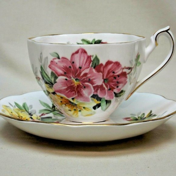 Queen Anne Fine Bone China England Pink & Yellow Azalea Footed Tea Cup & Saucer - Picture 4 of 14